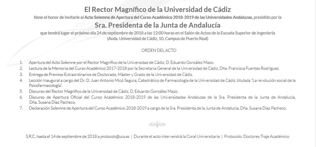 La UCA acogerá el acto solemne de Apertura del Curso Académico 2018/19 de las Universidades Andaluzas