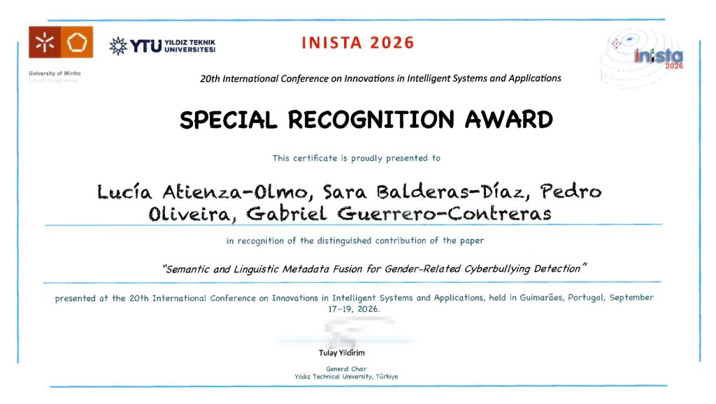 Una investigación sobre IA y ciberacoso de género recibe el Special Recognition Award en INISTA 2026