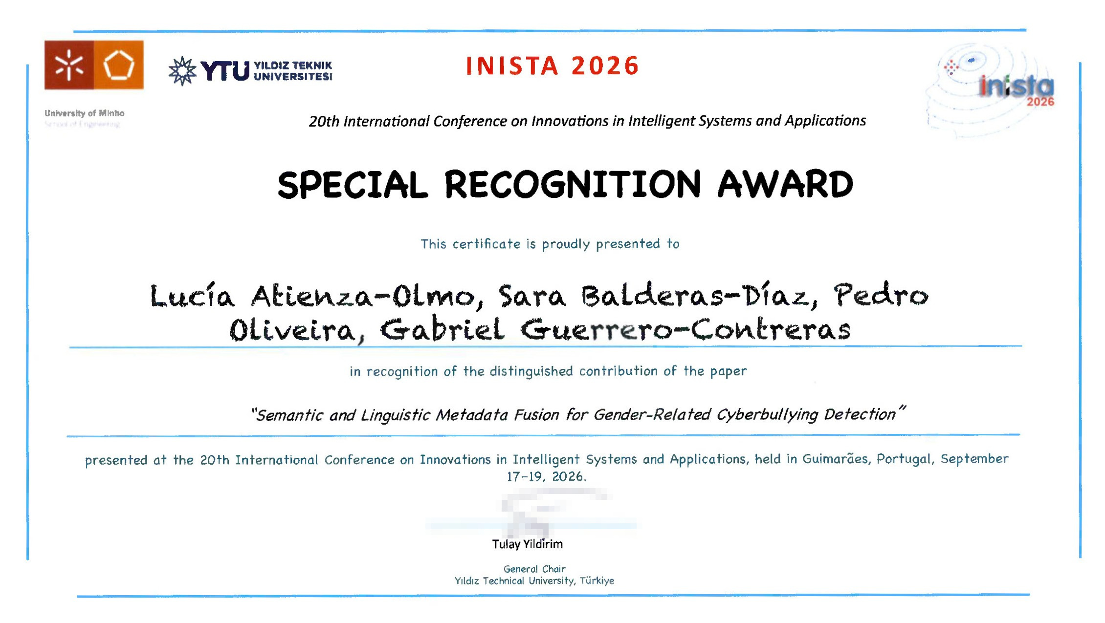 Una investigación sobre IA y ciberacoso de género recibe el Special Recognition Award en INISTA 2026