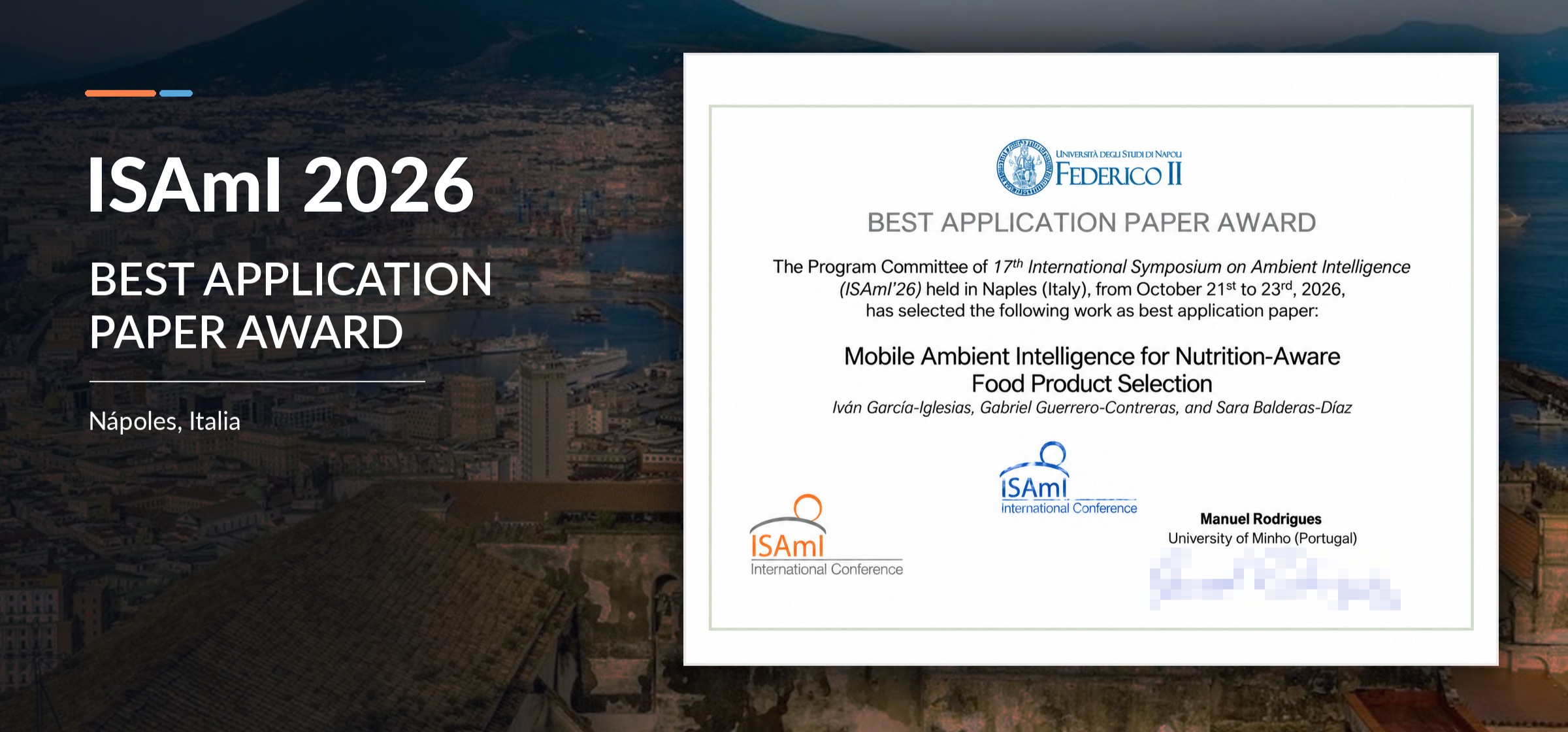 Investigadores del grupo UCASE reciben el Best Application Paper en ISAmI 2026
